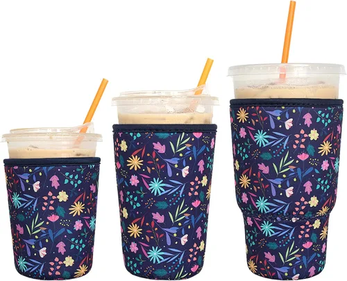 Miniatura 14 de Paquete de 3 fundas reutilizables para café helado - Xumbtvs funda aislante para bebidas frías, soporte de taza de café de neopreno (negro)