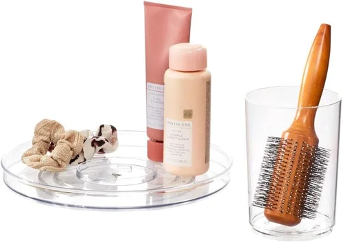 Miniatura 5 de iDesign The Sarah Tanno Collection Lazy Susan Organizador de cosméticos giratorio de 11 pulgadas con taza extraíble, transparente/blanco