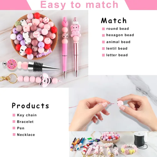 Miniatura 5 de Sunrony 70 cuentas de silicona para hacer collares, cuentas redondas de silicona a granel de 0.59 pulgadas para bolígrafos (rosa caramelo)