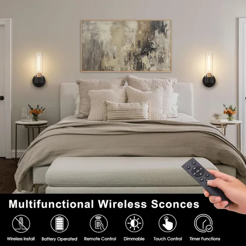 Miniatura 3 de Juego de 2 apliques de pared a pilas, luces de pared inalámbricas con control remoto, lámparas de pared regulables recargables para dormitorio