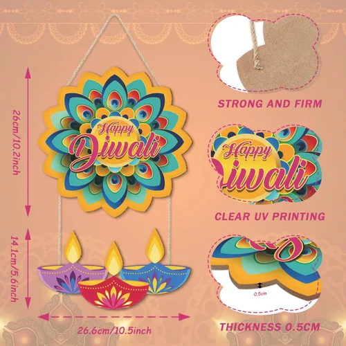 Miniatura 2 de LHIUEM Diwali - Letreros de madera de Happy Diwali para decoración de pared, juego de 2 (10 x 20 pulgadas), decoración de loto, pancarta india Happy