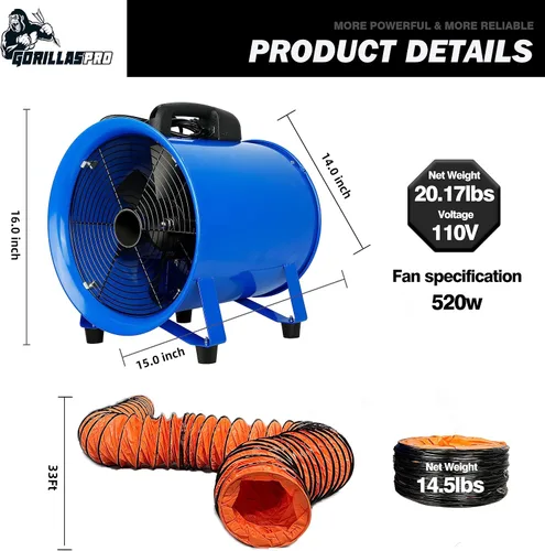 Miniatura 4 de GORILLASPRO Ventilador portátil de utilidad de 520 W/12 pulgadas con conducto telescópico de PVC de 33 pies, ventilador de cilindro resistente
