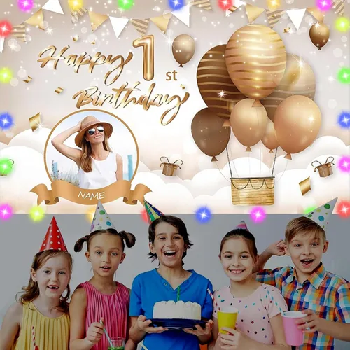 Miniatura 6 de Cartel de feliz cumpleaños beige personalizado para telón de fondo grande de feliz cumpleaños, globo aerostático, fiesta, interior y exterior