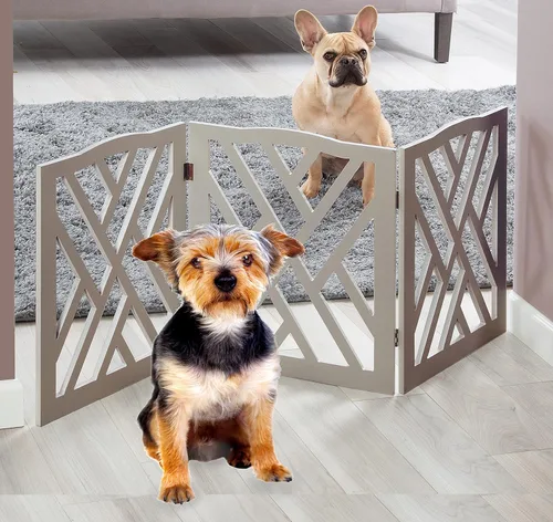 Puerta independiente para perros expandible con valla decorativa de madera para perros pequeños a medianos, barrera para escaleras, puertas y