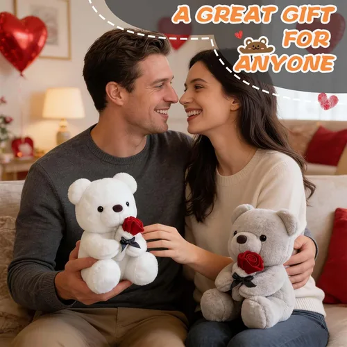 Miniatura 8 de HWD Oso de peluche de 9.8 pulgadas con rosa, muñeca de felpa suave, juguetes de peluche, regalos para ella/novia, amante, mamá, niños pequeños (gris)