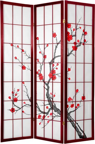 Miniatura 2 de Red Lantern Pantalla Shoji de flor de cerezo de 6 pies de alto, color negro, 3 paneles