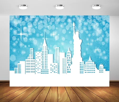 BELECO Telón de fondo de tela de 5 x 3 pies con diseño de Feliz Navidad en Nueva York, escena de nieve, puntos con purpurina azul, estrellas,
