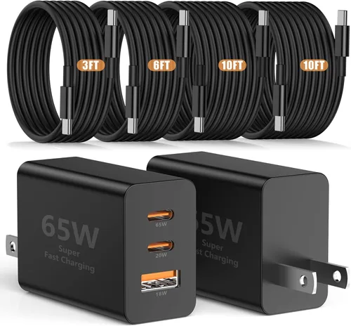 Susnwere Cargador de pared USB C de 65 W para Samsung S26 Ultra, 3 puertos de 100 W PD rápida 3.0 tipo C carga con cable USB C de 3/6/10/10 pies