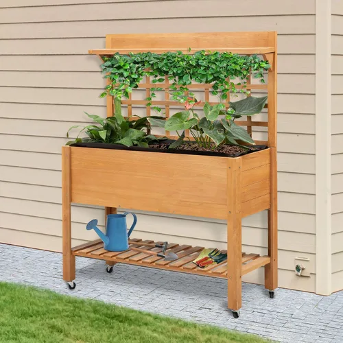 Miniatura 2 de Outsunny Cama de jardín elevada de 41 pulgadas con enrejado sobre ruedas, maceta elevada de madera con patas y forro de cama, para flores, hierbas