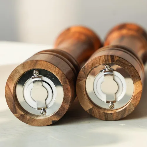 Miniatura 7 de Juego de molinillo de sal y pimienta, juego de 2 molinillo de sal y pimienta con molinillo de cerámica, madera de acacia, altura de 6.5 in