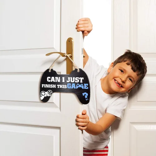 Miniatura 6 de Jetec Cartel de juego para dormitorio, controlador de madera, placa colgante de gamer, cita de juegos, letrero de puerta colgante para niños