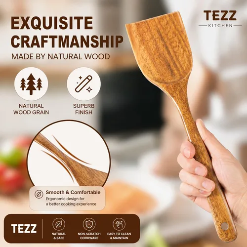 Miniatura 4 de Juego de utensilios de cocina de madera, 5 cucharas de madera de acacia natural para cocinar para sartén antiadherente, juego de utensilios