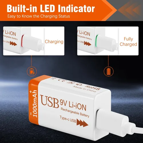 Miniatura 6 de Baterías recargables de litio de 9 V de 1000 mAh con cable de carga USB 2 en 1, batería de iones de litio 6f22 de 9 voltios para detector de humo