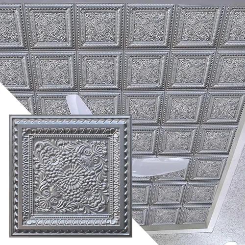 Dundee Deco Panel decorativo de techo decorativo 3D de PVC con diseño floral de plata, 2 pies x 2 pies (23.6 in x 23.6 in), 4 pies cuadrados cada uno