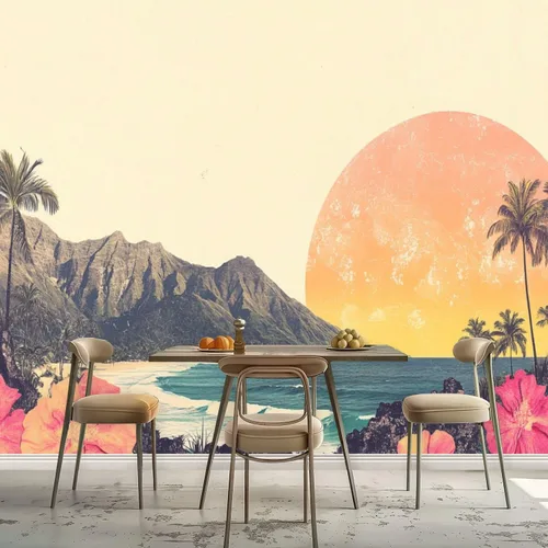 Miniatura 8 de Hawaii - Mural de pared retro exótico exótico tropical con olas de playa, paisaje, vintage, despegar y pegar, autoadhesivo, extraíble, adhesivo