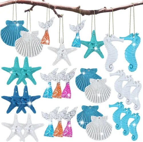 Maitys 24 adornos navideños de resina con temática del océano, diseño de lápiz, estrella de mar, conchas de mar, caballito de mar, decoración
