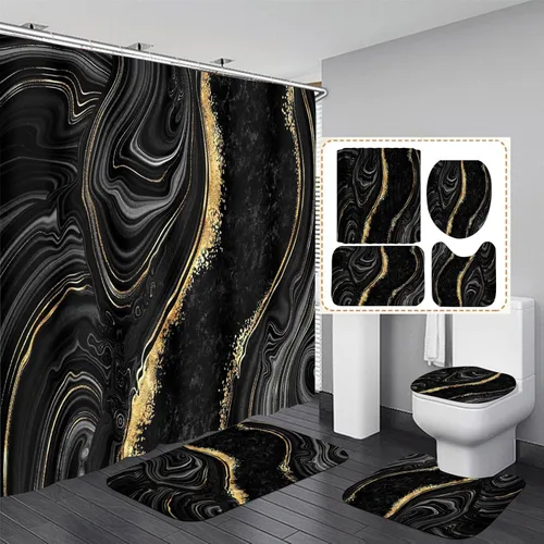 Nkzply Juego de 4 Piezas de Cortinas de Ducha de Mármol Negro con Alfombras, Juegos de Baño Dorados con Cortina de Ducha y Alfombras, Accesorios de