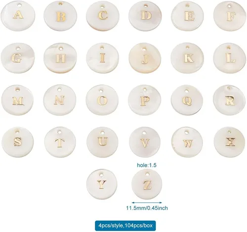 Miniatura 3 de Beadthoven - 104 dijes de letras del alfabeto de perlas de agua dulce naturales, redondos, dorados, redondos, del alfabeto A-Z, para bricolaje