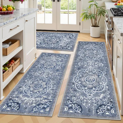 Miniatura 18 de Ileading Juego de 3 alfombras de cocina bohemias con corredor, alfombra de cocina, alfombras y tapetes antideslizantes lavables para cocina, suelo