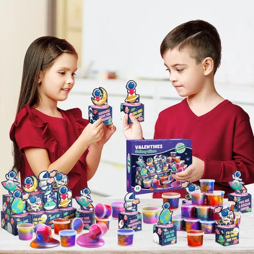Miniatura 6 de SURCVIO Paquete de 28 regalos para el día de San Valentín para niños, slime de galaxia con caja de tarjetas de felicitación, juguete para aliviar