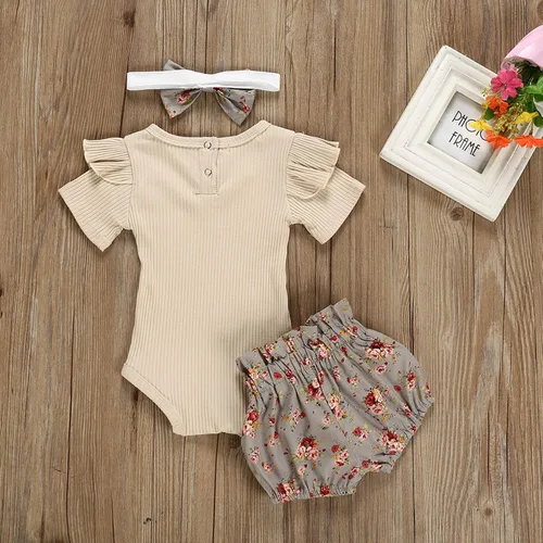 Miniatura 7 de Chyrbaby Ropa para bebé niña recién nacida, traje con volantes, traje acanalado, pantalones florales con diadema..