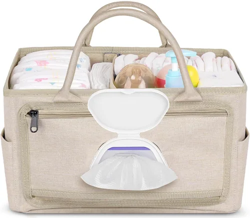 Volnamal Organizador de pañales con dispensador de toallitas con acceso con una sola mano, organizador de pañales de alta calidad, organizador Beige