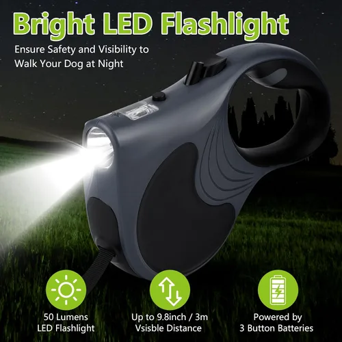 Miniatura 6 de Correa retráctil para perro con linterna, correa de paseo para perros de hasta 77 libras, correa de nailon sin enredos de 360°, mango Gris
