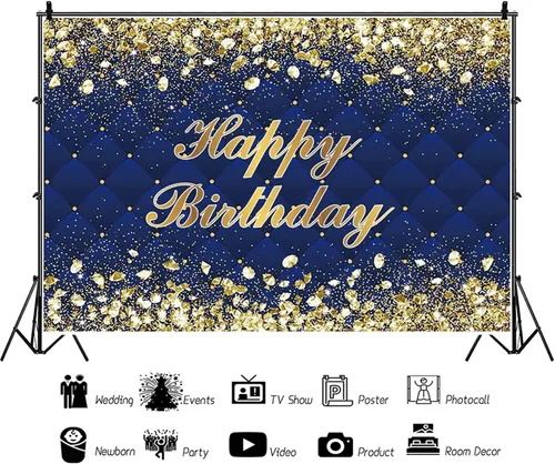 Miniatura 3 de Renaiss Telón de Fondo Banner de Feliz Cumpleaños de 5x3 pies Diamantes Reales Dorado Azul Fondo de Fotografía para Hombres Mujeres Fiesta