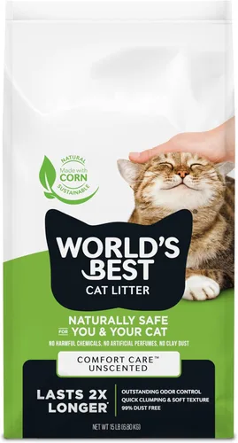WORLD'S BEST CAT LITTER Comfort Care sin perfume de 15 libras – Ingredientes naturales, aglutinación rápida, desechable, 99% libre de polvo y