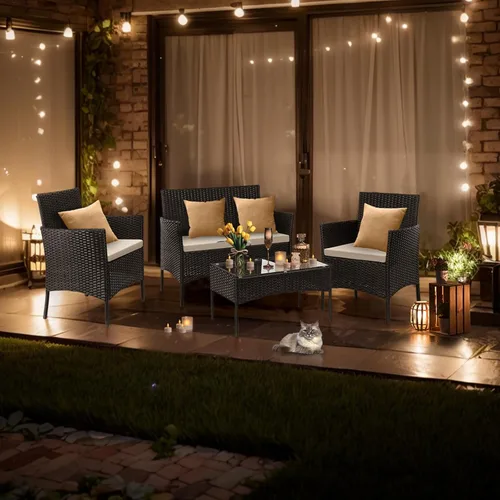 Miniatura 8 de Outvita Juego de muebles de patio de 4 piezas, juegos de conversación de ratán con sofá biplaza suave y mesa de cristal para jardín, patio, balcón