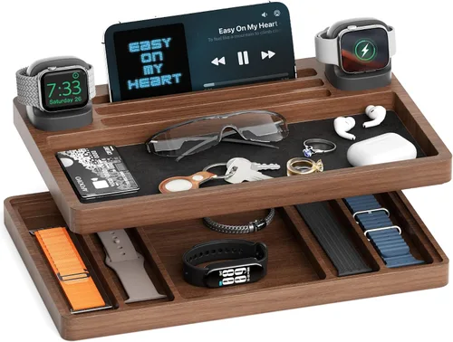 AFOOYO Organizador de correas de reloj de madera de 2 niveles - Soporte cargador compatible con todas las series de Apple Watch y exhibidor de