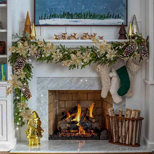 Miniatura 4 de 6 piezas de selecciones para árbol de Navidad de 25 pulgadas con purpurina, flores de Pascua con purpurina en aerosoles con flores, hojas de acebo