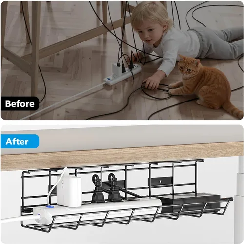 Miniatura 7 de Delamu - Paquete de 2 bandejas de gestión de cables para debajo del escritorio, organizador de cables de metal para escritorio, fácil de instalar