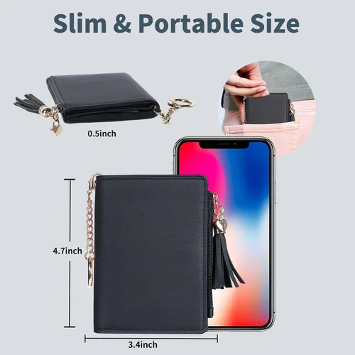 Miniatura 4 de Gostwo Billeteras pequeñas para mujer, elegante cartera para mujer con ventana de identificación, bolsillo con cremallera para monedas y borla.