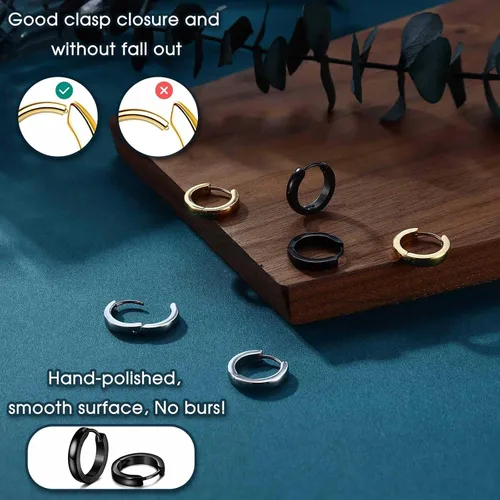 Miniatura 6 de Jstyle Aretes de aro pequeños hipoalergénicos para hombres y mujeres, de acero inoxidable quirúrgico 316L, oro/plata/negro, aretes de aro