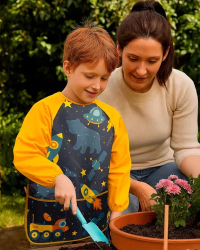 Miniatura 8 de Oiomniv Delantal de Arte para Niños – Delantal de Pintura de Manga Larga Impermeable con 3 Bolsillos, Delantal Lavable para Niños Pequeños y Niños