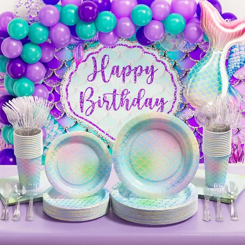 Decoraciones de cumpleaños de sirena: 242 piezas de suministros para fiesta de Girs y juego de vajilla desechable (25 invitados), incluye platos de