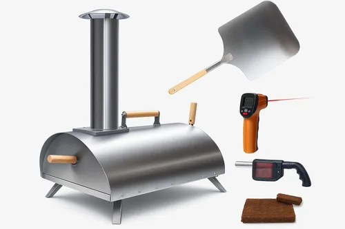 Kit de horno de pizza portátil Pellethead: parrilla al aire libre a leña con pala, ventilador, termómetro y accesorios, acero inoxidable, piedra de