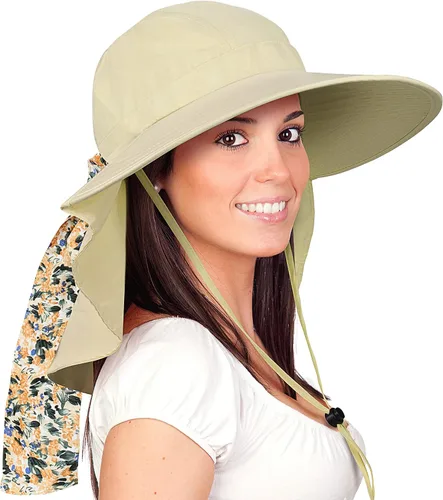 Miniatura 16 de Solaris UPF 50+ Gorro de ala ancha para mujer - Tamaño pequeño, ligero y plegable, gorro floral refrescante con solapa para el cuello