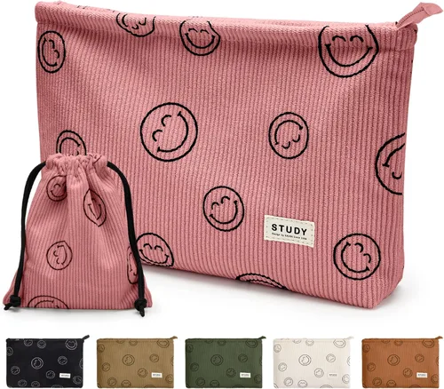 Miniatura 16 de WLLWOO - 2 bolsas de maquillaje de pana con cara sonriente, bolsa de cosméticos con cremallera interior impermeable, estuche para lápices, monedero