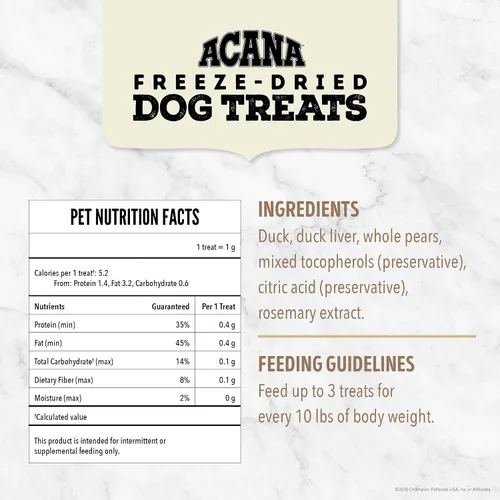Miniatura 6 de ACANA Singles - Golosinas para perros sin granos, ingredientes limitados y liofilizadas con pato y pera, bolsa de 3.25oz