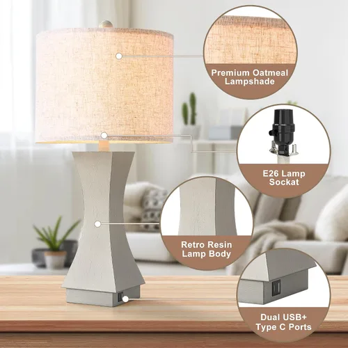 Miniatura 4 de Juego de 2 lámparas de mesa modernas de 62,2 cm, lámparas de mesita de noche regulables de 3 vías con carga USB C y A, lámparas de noche