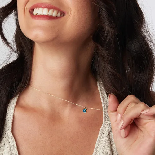 Miniatura 3 de THEA - Collares cerrados contra el mal de ojo en oro macizo real de 14 quilates, dije de protección de moneda Hamsa azul, regalo de joyería fina