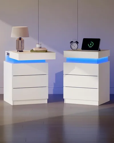 Miniatura 11 de WLIVE Mesita de noche negra con estación de carga y luces LED, mesita de noche con 2 cajones de madera y parte superior deslizante, mesa auxiliar