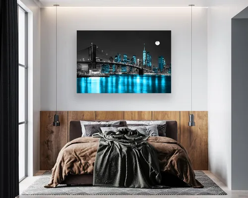 Miniatura 7 de Aibonnly Arte de Pared Pintura en Lienzo Negro, Blanco y Azul Puente de Brooklyn de Nueva York 1 Pieza Paisaje Urbano Nocturno Edificio Imagen