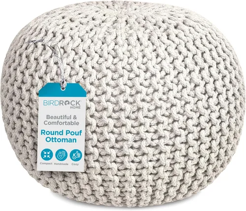 Miniatura 13 de BIRDROCK HOME Puf redondo otomano Taburete de pie trenzado de algodón con relleno de bolsa de frijoles Reposapiés bohemio para sala de estar