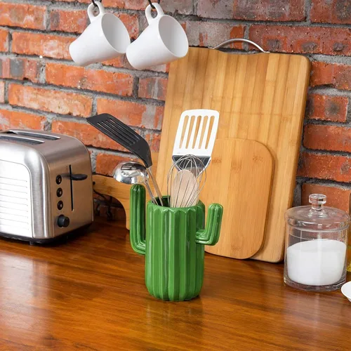 Miniatura 5 de MyGift Soporte de cerámica para utensilios de cactus, vajilla verde del suroeste, organizador de cocina duradero para cucharas, pinceles, desierto