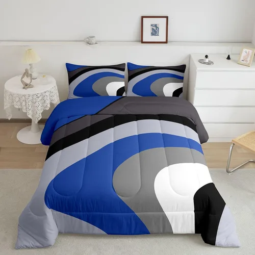 Juego de edredón de remolinos azul real, negro y gris, juego de ropa de cama moderno con diseño de remolinos para niños, adolescentes, niños,
