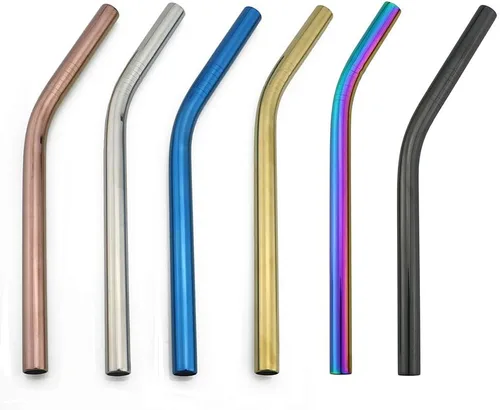 JASHII 5 piezas portátil de acero inoxidable 304 recto doblado paja de metal para beber paja azul con caja y cepillo de limpieza para viajar,