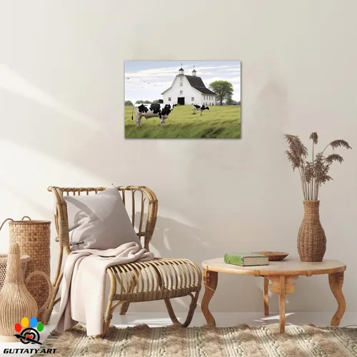 Miniatura 3 de Arte de pared con estampado de granero blanco de granja, granero y vaca, arte de pared con imágenes de granero blanco, cuadros rústicos de campo